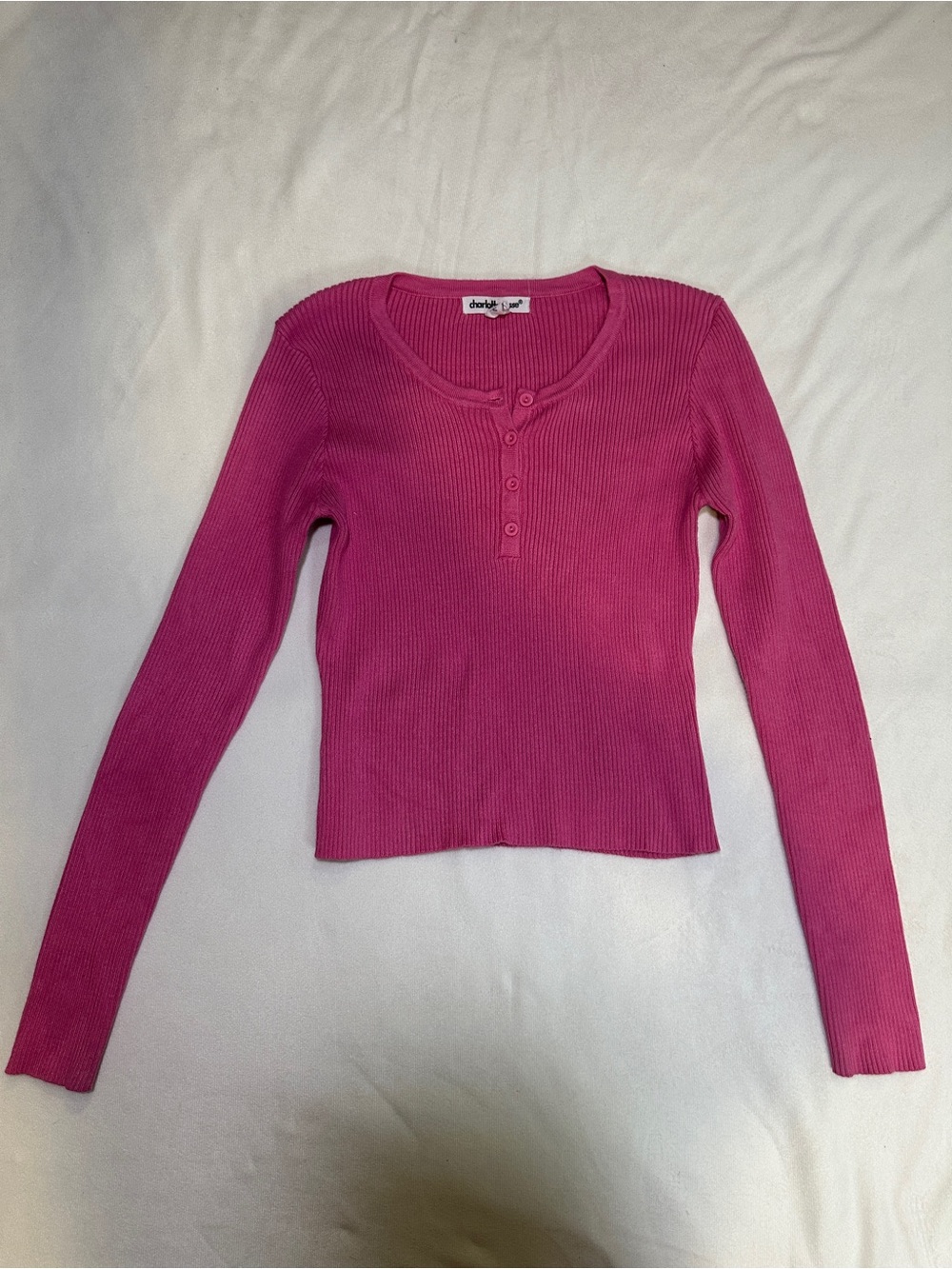 Charlotte Russe Hot Pink Ribbed Henley Long Sleeve Top Size M